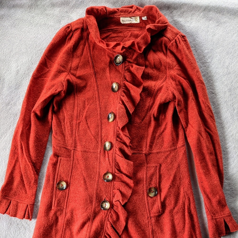 Anthropologie Charlie & Robin Deep Orange Ruffled Cardigan Sweater